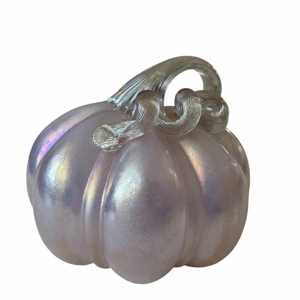 Hand Blown Art Glass Pumpkin 6in Iridescent Pink Chic Fall Designer Decor NEW